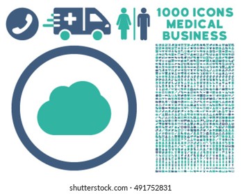 Cloud icon with 1000 medical commerce cobalt and cyan vector design elements. Design style is flat bicolor symbols, white background.