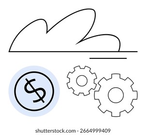 Icono de la nube sobre un símbolo de dólar y dos engranajes que representan las operaciones financieras y los procesos técnicos. Ideal para computación en nube, finanzas, tecnología, crecimiento, innovación, automatización, negocios