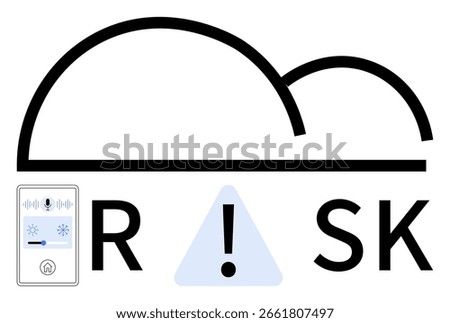 Cloud icon above the letters R and SK, with an exclamation mark in a triangle between them. Smartphone with IoT controls on the left. Ideal for cybersecurity, IoT, risk assessment, technology, data