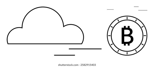 Cloud icon alongside Bitcoin symbol represents the intersection of cloud computing and cryptocurrency. Ideal for fintech, blockchain, cloud storage, digital security, data infrastructure, innovative