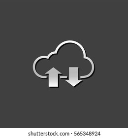 Cloud icon with arrows in metallic grey color style.  Computing data storage