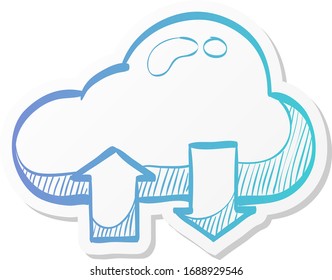 Cloud icon with arrows in sticker color style. Computing data storage file hosting