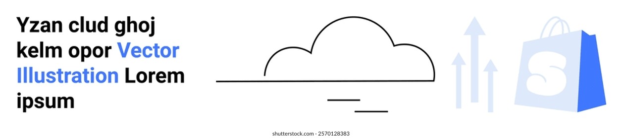 Cloud icon with ascending arrows and a shopping bag, accompanied by placeholder text. Ideal for technology, e-commerce, cloud services, digital marketing, and online shopping. Landing page