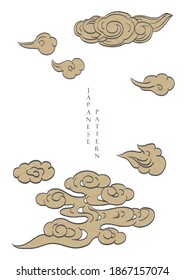 Cloud icon background with Japanese wavy pattern. Oriental traditional poster design. 