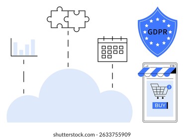 Cloud icon with a bar chart, puzzle piece, calendar, shield labeled GDPR, and a smartphone with a shopping cart icon. Ideal for data protection, online shopping, cloud services, analytics
