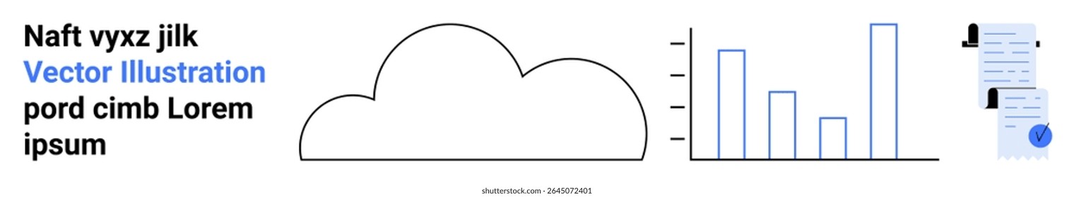 Ícone de nuvem, gráfico de barras, perfis de usuário e documentos destacando análise de dados, armazenamento, perfis de usuário e gerenciamento de documentos. Ideal para blogs de tecnologia, materiais de marketing, apresentações de negócios