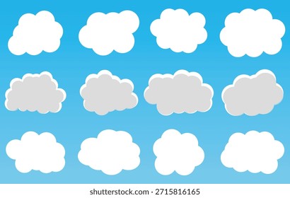 Wolkensymbol. Wettersymbol für den blauen Himmel. Abstraktes weißes, trübes Set einzeln auf blauem Hintergrund. Vektorgrafik. 