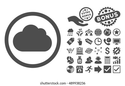 Cloud icon with bonus clip art. Vector illustration style is flat iconic symbols, gray color, white background.