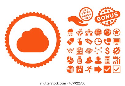 Cloud icon with bonus pictograph collection. Vector illustration style is flat iconic symbols, orange color, white background.