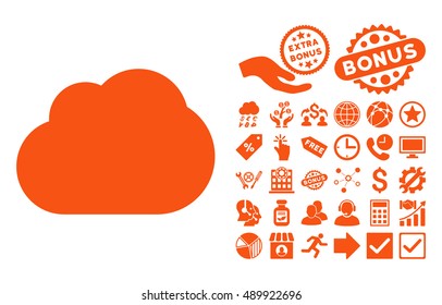 Cloud icon with bonus pictures. Vector illustration style is flat iconic symbols, orange color, white background.