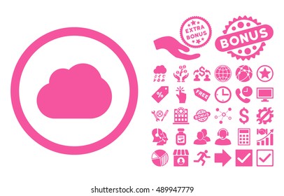 Cloud icon with bonus pictures. Vector illustration style is flat iconic symbols, pink color, white background.