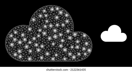 Cloud icon and bright net mesh cloud model with glossy light spots. Illuminated model is generated using cloud vector icon and triangulated mesh. Illuminated frame cloud, on a black background.