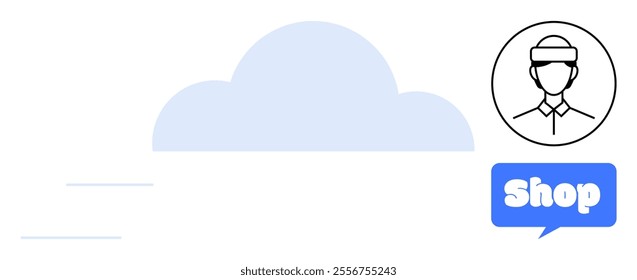 Cloud icon in the center, silhouette of a person inside a circle on the right, and a blue bubble with the word shop. Ideal for e-commerce, customer support, tech services, cloud computing, digital