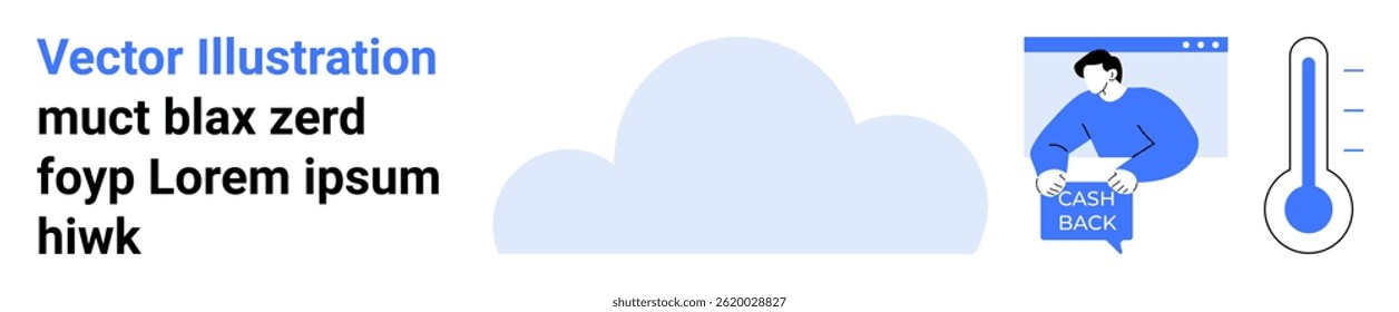 Cloud icon centered with user holding feedback sign on right and thermometer icon. Ideal for technology, weather apps, data analytics, temperature monitoring, feedback collection, cloud services