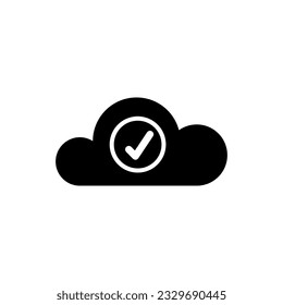 cloud icon with a check mark in black on a white background, successful data upload or secure storage