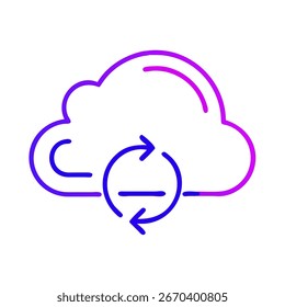 Ein Cloud-Symbol mit einem kreisförmigen Pfeil symbolisiert die Datensynchronisierung und effiziente technische Lösungen, die in lebhaften blauen und violetten Farbverlauf dargestellt werden.