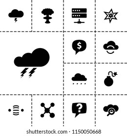 Cloud icon. collection of 13 cloud filled icons such as thunder, explosion, share, nuclear explosion, rain, exclamation. editable cloud icons for web and mobile.