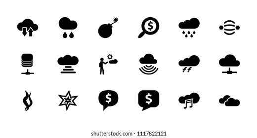 Cloud icon. collection of 18 cloud filled icons such as thunder, explosion, man, rain, smoke, search dollar, atom interaction. editable cloud icons for web and mobile.