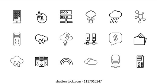 Cloud icon. collection of 18 cloud outline icons such as explosion, rain, server, document in folder, calendar on phone, rainbow. editable cloud icons for web and mobile.