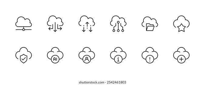 Coleção de ícones na nuvem. Conjunto de ícones de armazenamento. Tecnologia da informação, servidor, computação em nuvem, servidor Web, hospedagem, data center e muito mais. Traçado editável. Pixel perfeito. Grade de 32px.