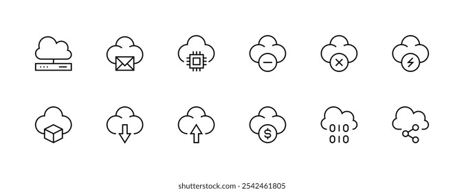 Coleção de ícones na nuvem. Conjunto de ícones de armazenamento. Tecnologia da informação, servidor, computação em nuvem, servidor Web, hospedagem, data center e muito mais. Traçado editável. Pixel perfeito. Grade de 32px.