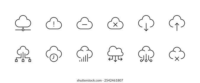 Coleção de ícones na nuvem. Conjunto de ícones de armazenamento. Tecnologia da informação, servidor, computação em nuvem, servidor Web, hospedagem, data center e muito mais. Traçado editável. Pixel perfeito. Grade de 32px.