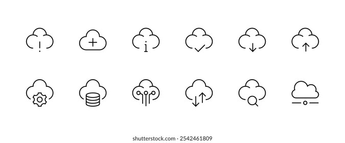 Coleção de ícones na nuvem. Conjunto de ícones de armazenamento. Tecnologia da informação, servidor, computação em nuvem, servidor Web, hospedagem, data center e muito mais. Traçado editável. Pixel perfeito. Grade de 32px.