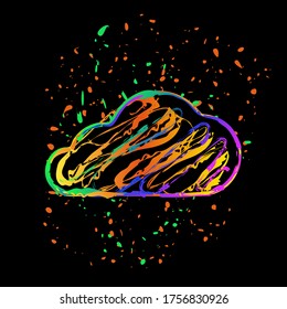 cloud icon. Colored ink with splashes on black background