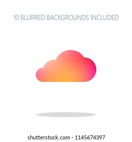 cloud icon. Colorful logo concept with simple shadow on white. 10 different blurred backgrounds included