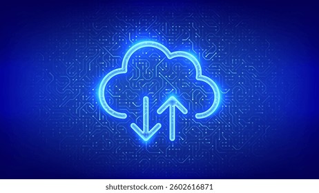 Cloud icon. Cloud computing service. Database storage, Data center. Transfer data. Secure Cloud Storage. Upload download app. Circuit board pattern. PCB printed circuit texture. Vector illustration.