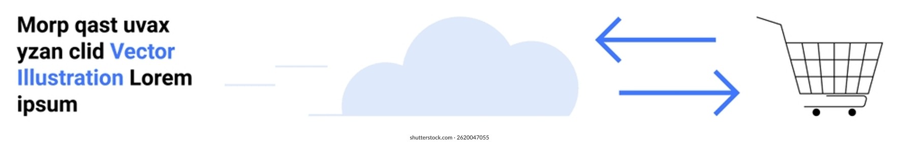 Cloud icon connected to a shopping cart with double-sided blue arrows. Ideal for e-commerce solutions, cloud-based services, online shopping, data synchronization, retail technology, digital