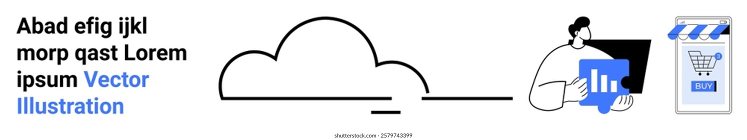 A cloud icon connects to an individual analyzing data on a laptop, next to a shopping cart symbol. Ideal for technology, cloud computing, data analytics, e-commerce, IT solutions. Banner for landing