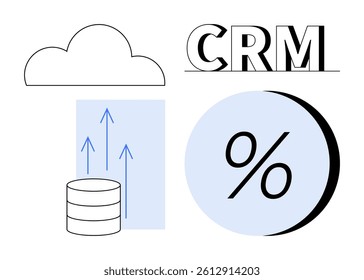Cloud icon, CRM text, stacked storage disks with up arrows, percentage symbol in circle. Ideal for CRM systems, data analytics, cloud storage, business growth, financial analysis, marketing