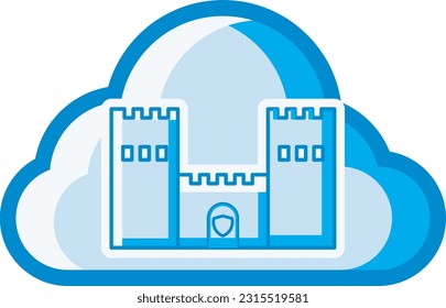The cloud icon with a fortress shape inside is blue and white representing the security and protection of data in the cloud. This design can be used as a decorative illustration with a cloud computing