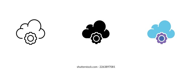 Cloud icon with a gear. Controlled rain technology, farming. Vector set of icons in line, black and colorful styles isolated on white background.