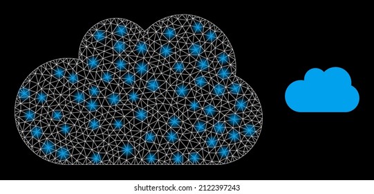 Icono de nube y modelo de nube de malla brillante con manchas luminosas brillantes. El modelo iluminado se genera utilizando el icono del vector de nube y la malla triangular. Nube de canal espumosa, en un fondo negro.