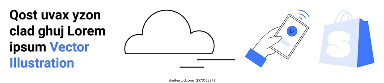 Cloud icon, a hand holding a phone for payment, and a shopping bag. Ideal for cloud services, online shopping, mobile payments, e-commerce, tech integration. Landing page
