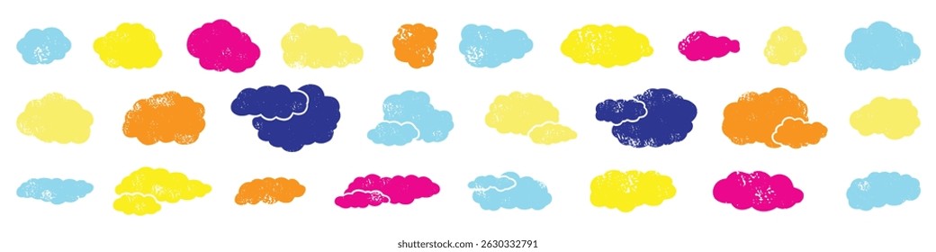 Ícone Nuvem. Vetor de lápis de creiom de criança nuvem. Fundo de nuvem infantil. Ilustração de desenho de criança alegre. Fofo flor simples doodle arte