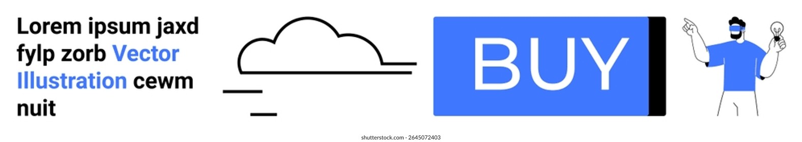 Cloud icon, large blue BUY button, and a person holding smartphone illustrate online shopping, e-commerce, cloud storage services, and mobile interaction. Ideal for technology, digital marketing