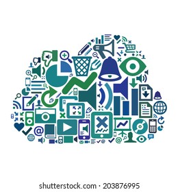 cloud icon made of blue media and communication icons, symbolizing cloud computing