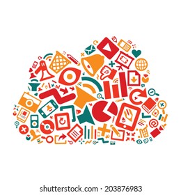 cloud icon made of colorful media and communication icons, symbolizing cloud computing