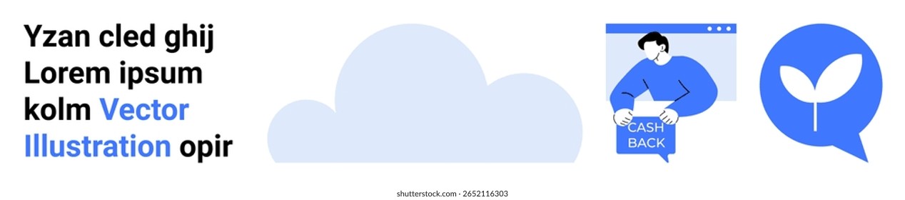 Cloud icon, man holding cash back label in window, eco-friendly symbol. Ideal for finance, environment, cloud services, technology, marketing, user interface, sustainability. Landing page