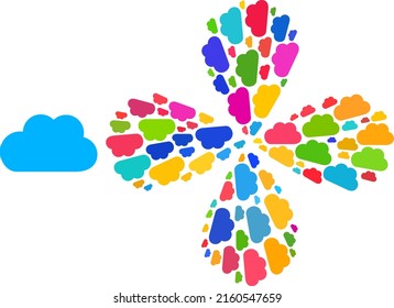 Cloud icon multi colored centrifugal flower with 4 petals shape. Element centrifugal explosion organized from random cloud icons. Vector flower icon collage in flat style.