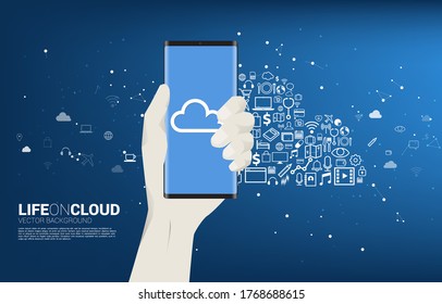  cloud icon with multiple icon on mobile screen in hand. Concept for mobile phone technology and cloud technology
