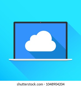 Cloud icon on laptop screen. Cloud storage concept. Modern long shadow flat design. Vector illustration