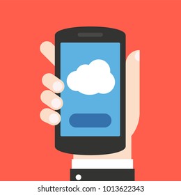 Cloud icon on smartphone screen. Hand holding smartphone. Cloud storage, computing concepts. Modern flat design elements for web sites, web banners, etc. 