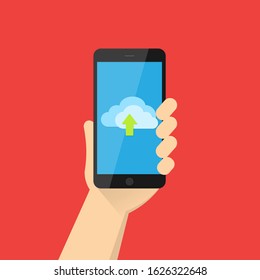 
Cloud icon on smartphone screen. Hand holds mobile phone. Cloud storage. Modern flat design elements. Stock vector illustration.10 eps.