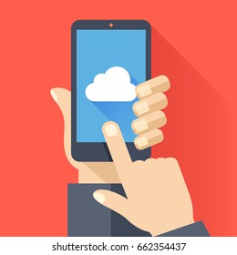 Cloud icon on smartphone screen. Hand holding smartphone, finger touching screen. Cloud storage, computing concepts. Modern flat design elements for web sites, web banners, etc. Vector illustration