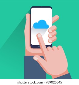 Cloud icon on smartphone screen. Hand holding smartphone, finger touching screen. Cloud storage, computing concepts. Modern flat design elements for web sites, web banners, etc. Vector illustration