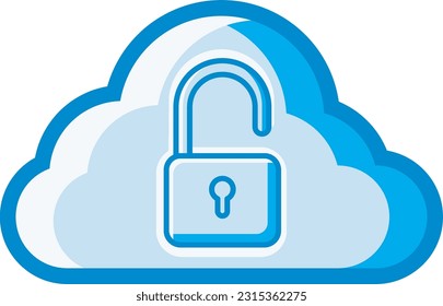 The cloud icon with an open padlock is blue and white, symbolizing that data in the cloud can be accessed. This design can be used as a decorative illustration with a cloud computing theme